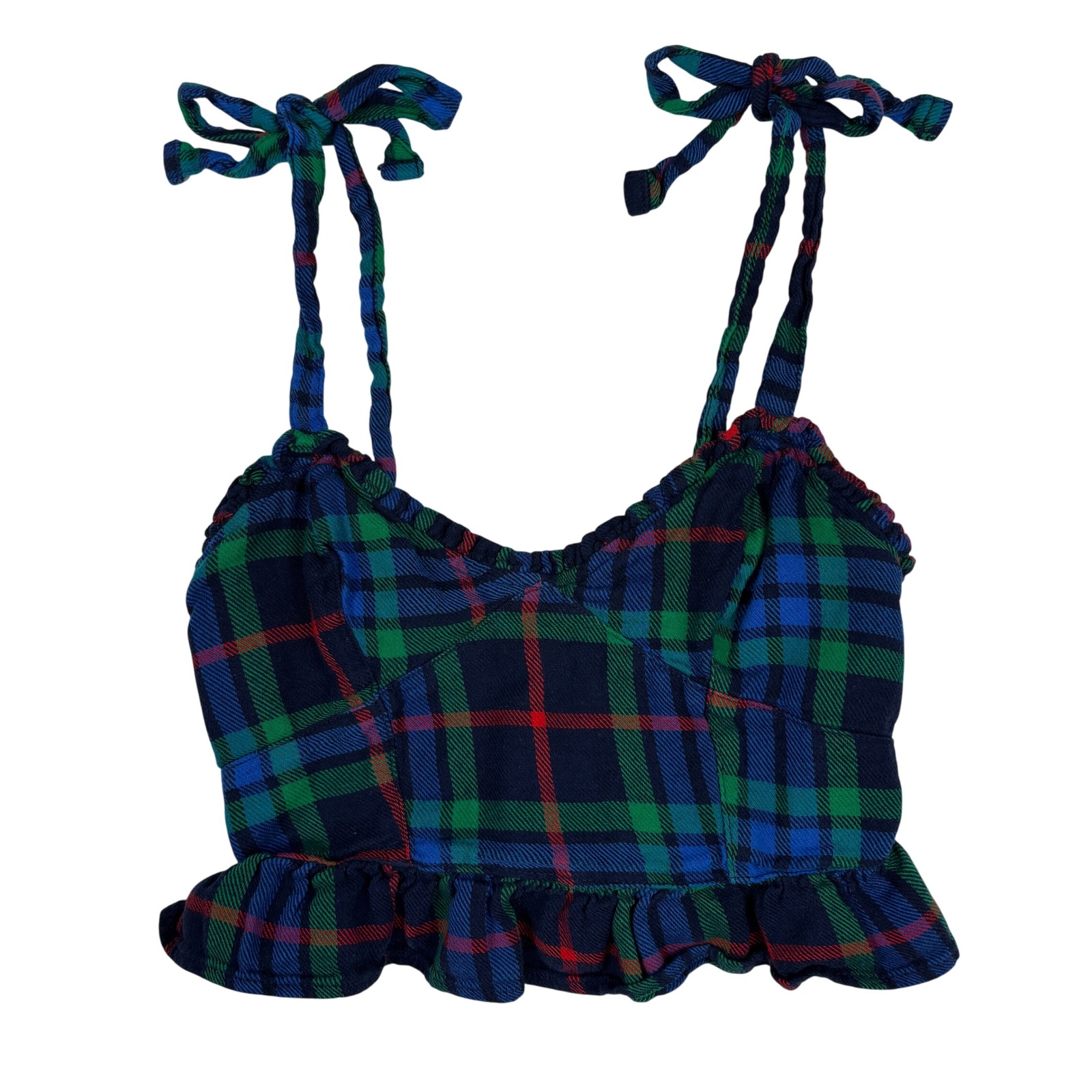 Aerie Xs Plaid Crop Top Tie Strap Smocked Back Ruffle Hem Blue Green Cami